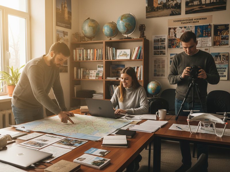 Команда Intourcentre обсуждает детали бюджетных туров в Новгород, рабочая атмосфера.