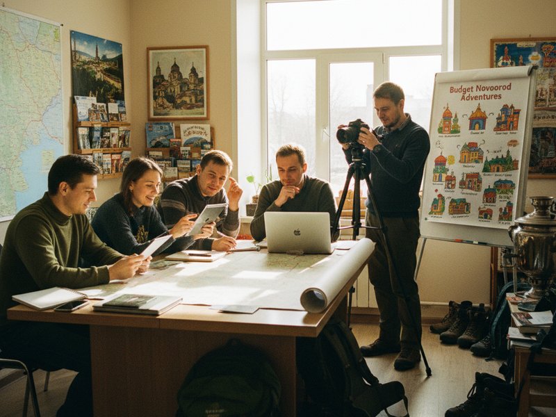 Команда Intourcentre обсуждает детали бюджетных туров в Новгороде, рабочая атмосфера.