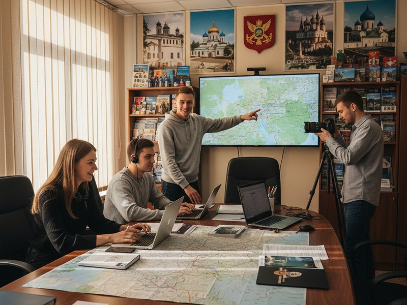 Команда Intourcentre обсуждает детали бюджетных туров в Новгород, рабочая атмосфера.
