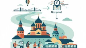 Современная иллюстрация для блога о бюджетных путешествиях в Новгороде в 2026 году.